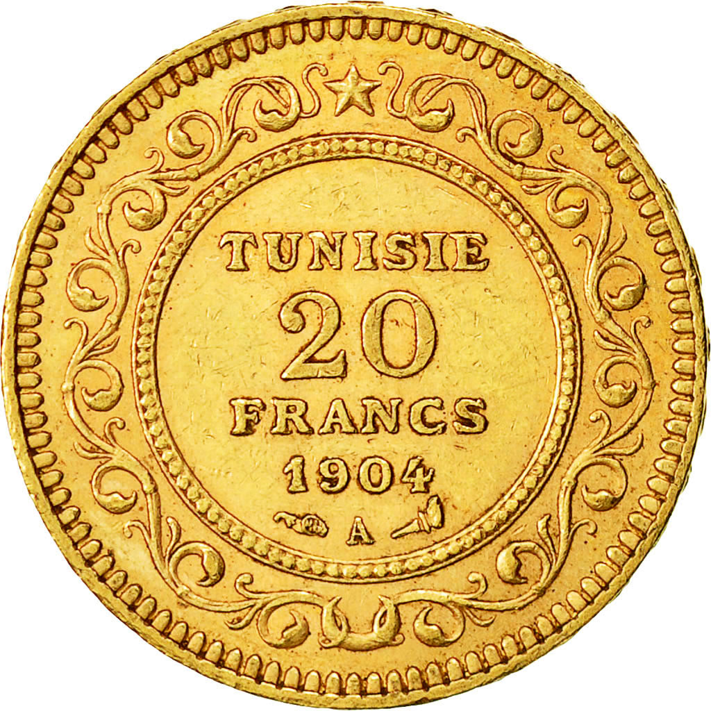 Coin, Tunisia, Muhammad al-Hadi Bey, 20 Francs, 1904, Paris, AU(50-53), Gold