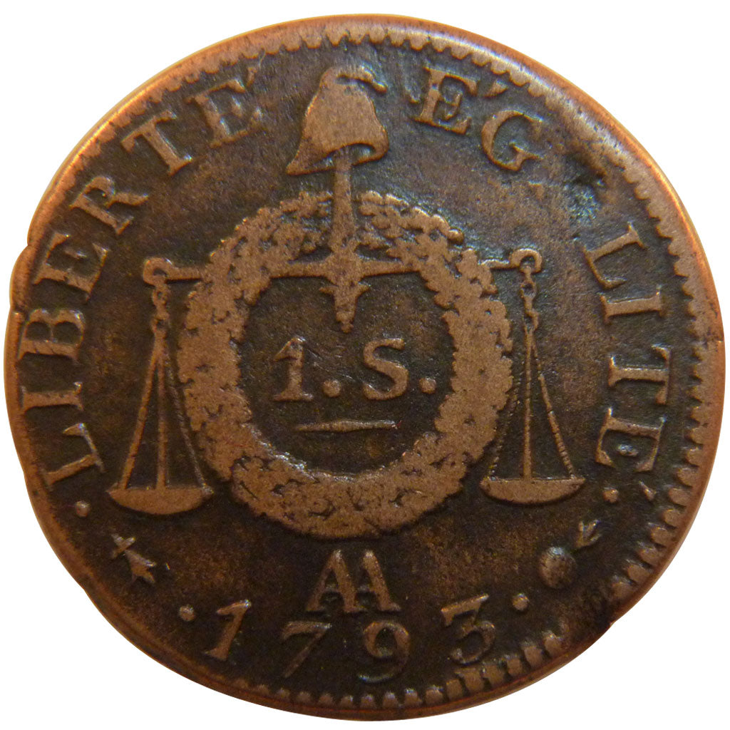 FRANCE, Sol aux balances françoise, 1 Sol, 1793, Metz, AU(50-53), Bronze, Gadour
