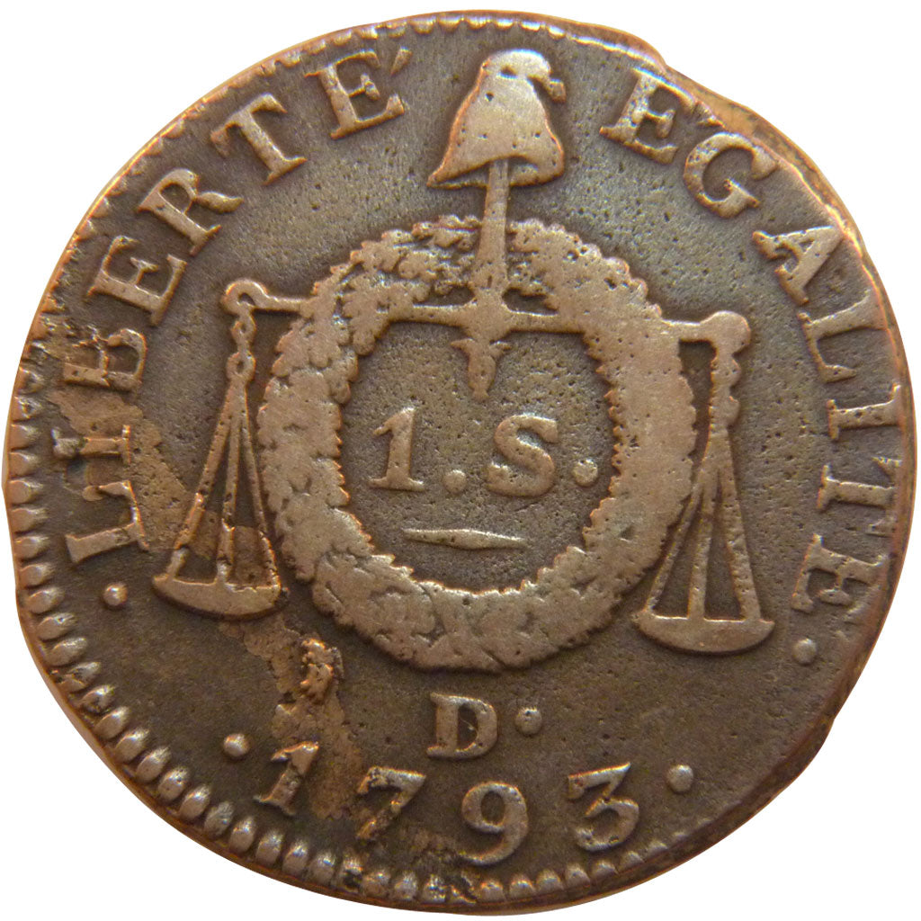 FRANCE, 1 Sol, 1793, Dijon, VF(30-35), Bronze, Gadoury #19, 11.40