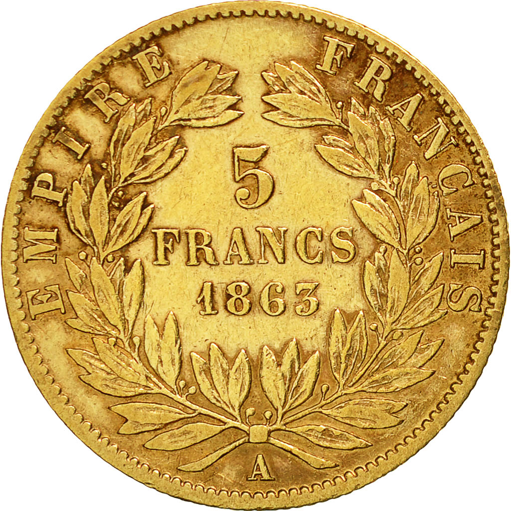 Munten, Frankrijk, Napoleon III, Napoléon III, 5 Francs, 1863, Paris, FR, Goud
