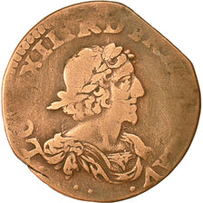 Moneta, Francia, Louis XIII, Double Tournois, 1639, Vallée du Rhône, MB, Rame