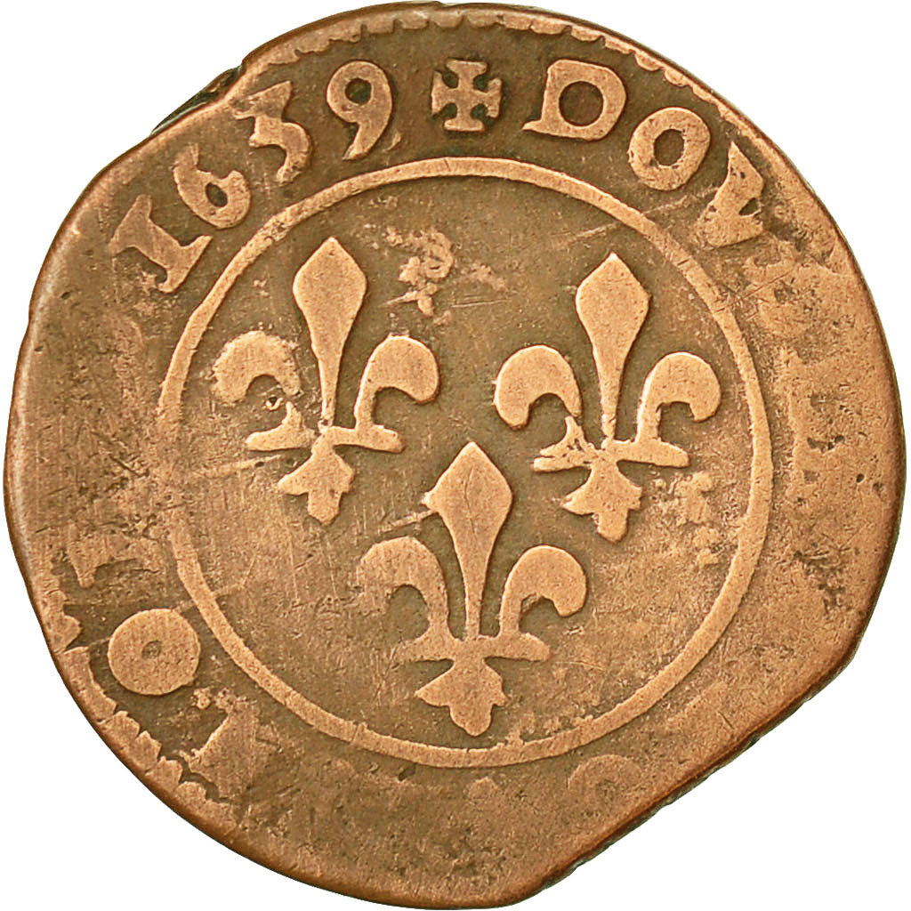 Moneta, Francia, Louis XIII, Double Tournois, 1639, Vallée du Rhône, MB, Rame