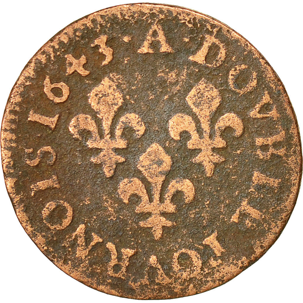 Munten, Frankrijk, Louis XIII, Double Tournois, 1643, Corbeil, FR, Koper