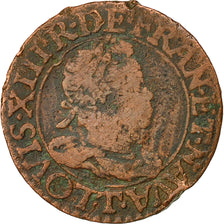 Moneda, Francia, Louis XIII, Double Tournois, 1613, Nantes, BC+, Cobre, CGKL:380