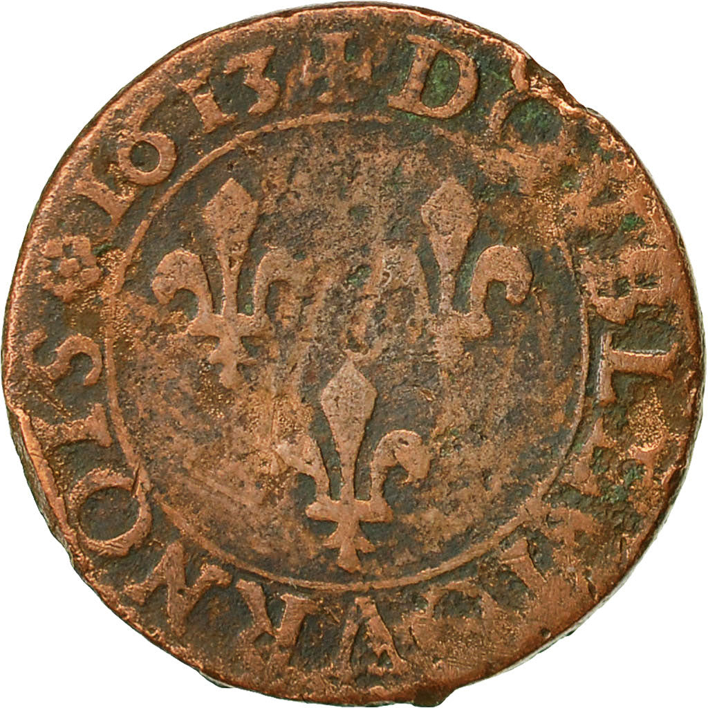 Coin, France, Louis XIII, Double Tournois, 1613, Nantes, VF(20-25), Copper