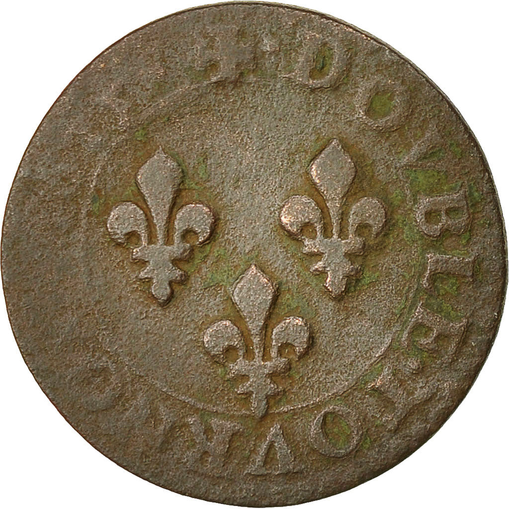 Moneda, Francia, Louis XIII, Double Tournois, 1615, Amiens, BC+, Cobre, CGKL:264