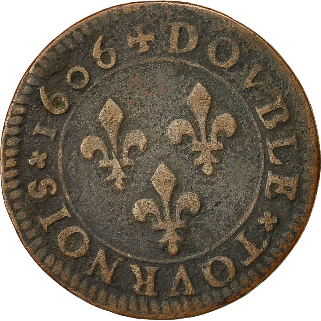 Coin, France, Henri IV, Double Tournois, 1606, Lyon, VF(20-25), Copper, CGKL:202
