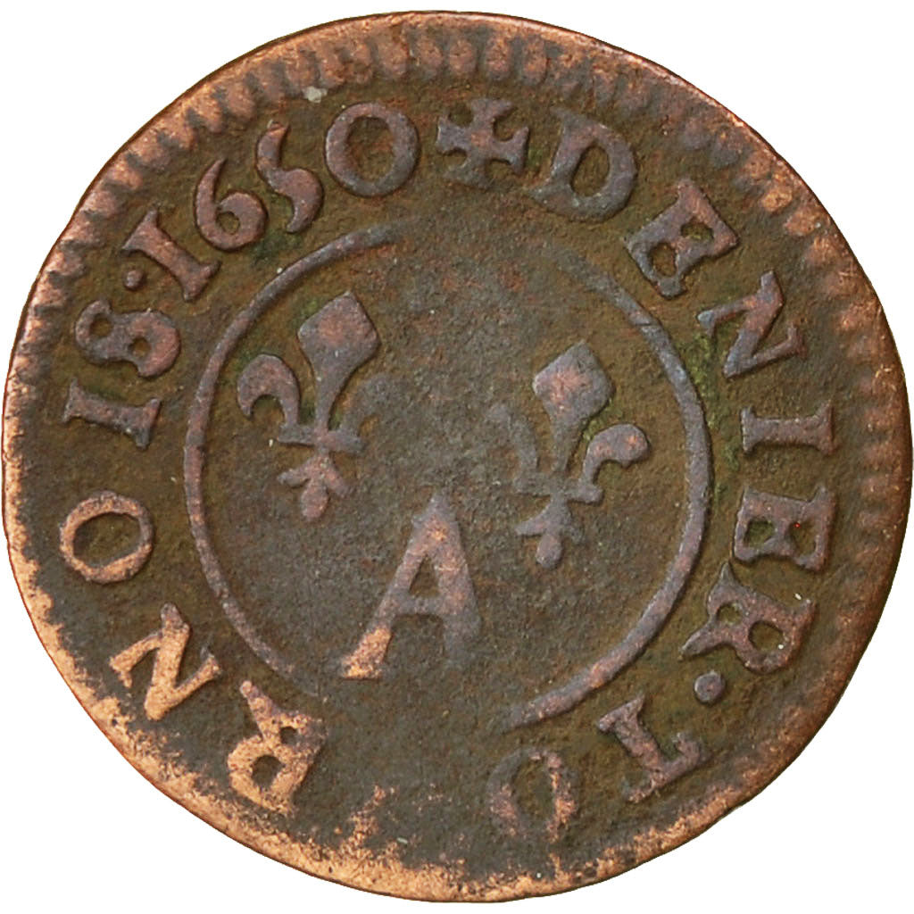 Münze, Frankreich, DOMBES, Gaston d'Orléans, Denier Tournois, 1650, Trévoux