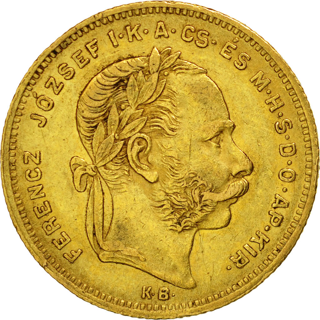 Munten, Hongarije, Franz Joseph I, 8 Forint 20 Francs, 1877, Kremnitz, ZF, Goud