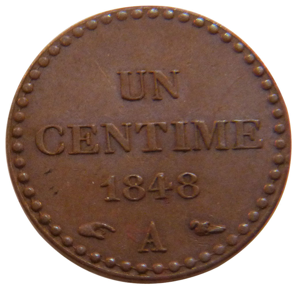 FRANCE, Dupré, 1 Centime, 1848, Paris, AU(50-53), Bronze, Gadoury #84, 2.00