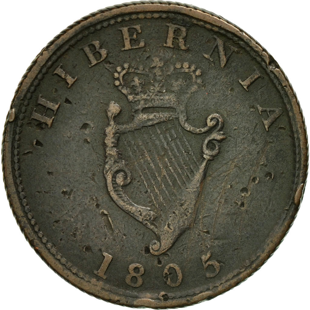 Coin, Ireland, Wellington, Halfpenny Token, 1805, Dublin, Rare, VF(30-35)
