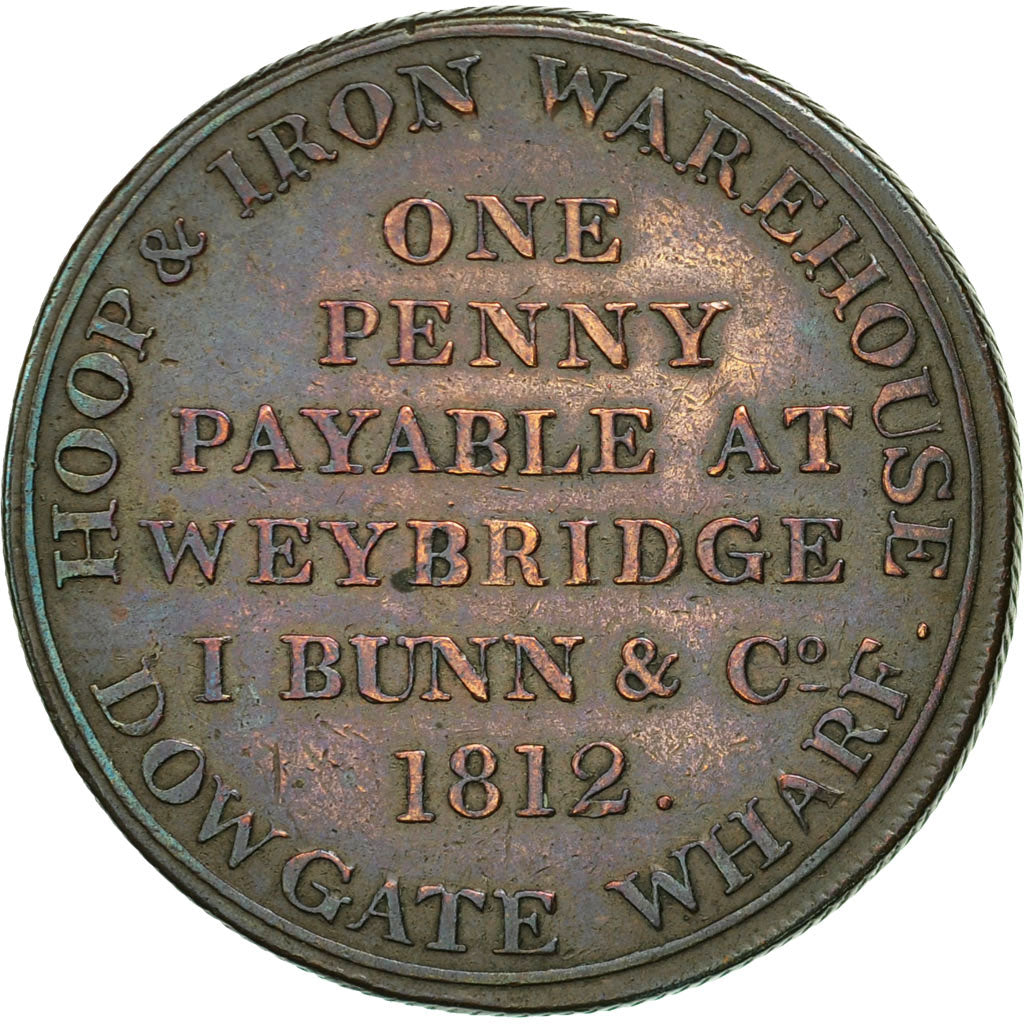 Coin, Great Britain, J. Bunn & Co, Penny Token, 1812, Weybridge, EF(40-45)