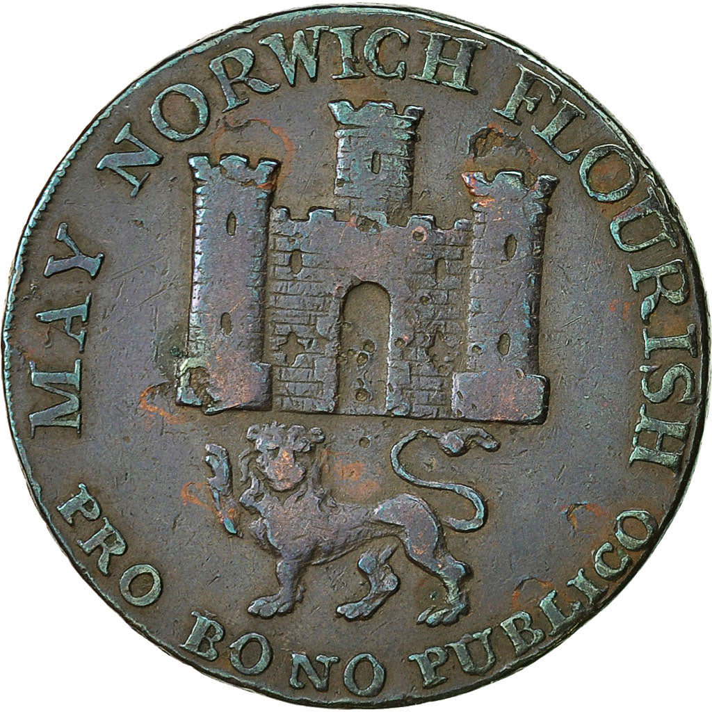 Moneda, Gran Bretaña, Norfolk, Halfpenny Token, 1792, Norwich, BC+, Cobre