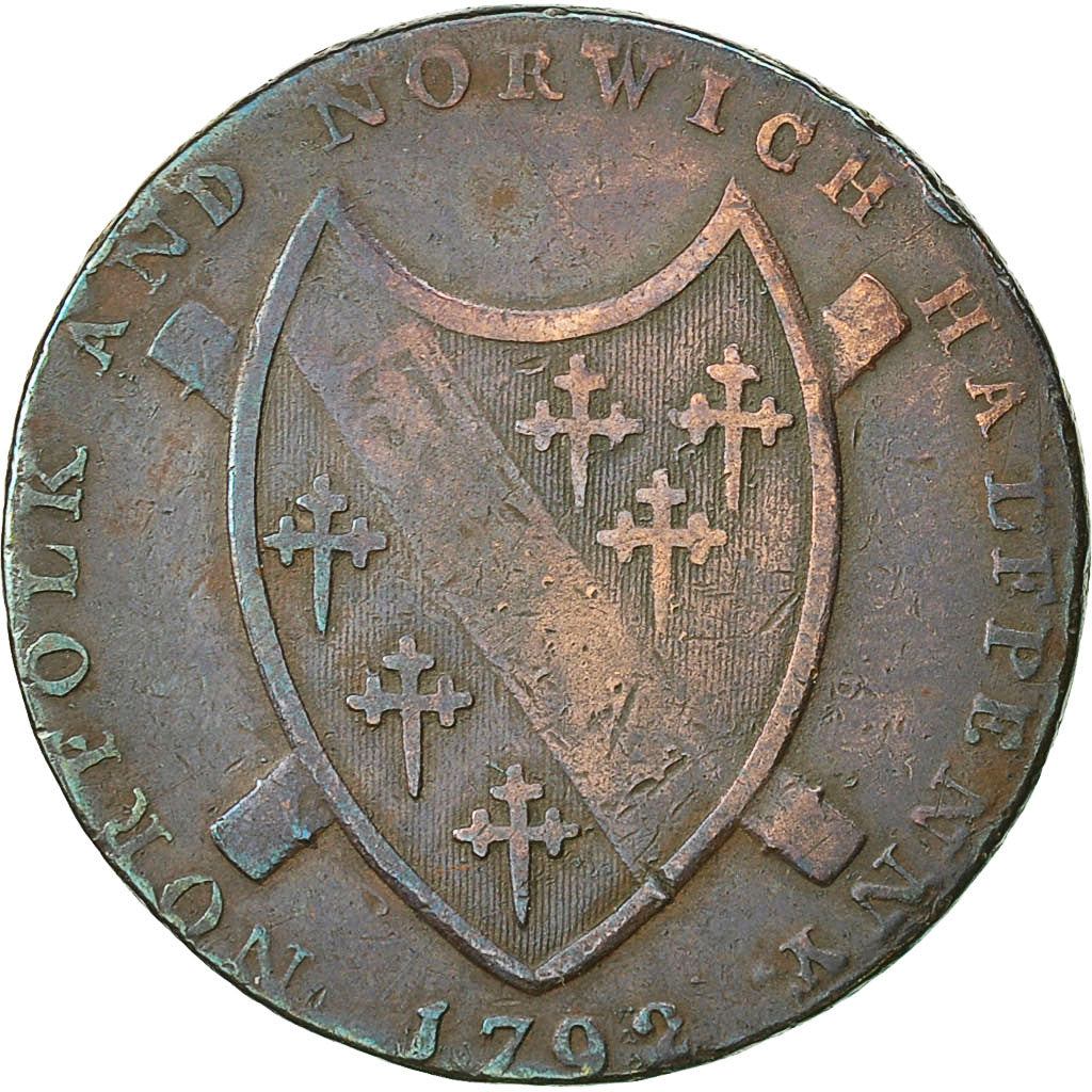 Moneda, Gran Bretaña, Norfolk, Halfpenny Token, 1792, Norwich, BC+, Cobre