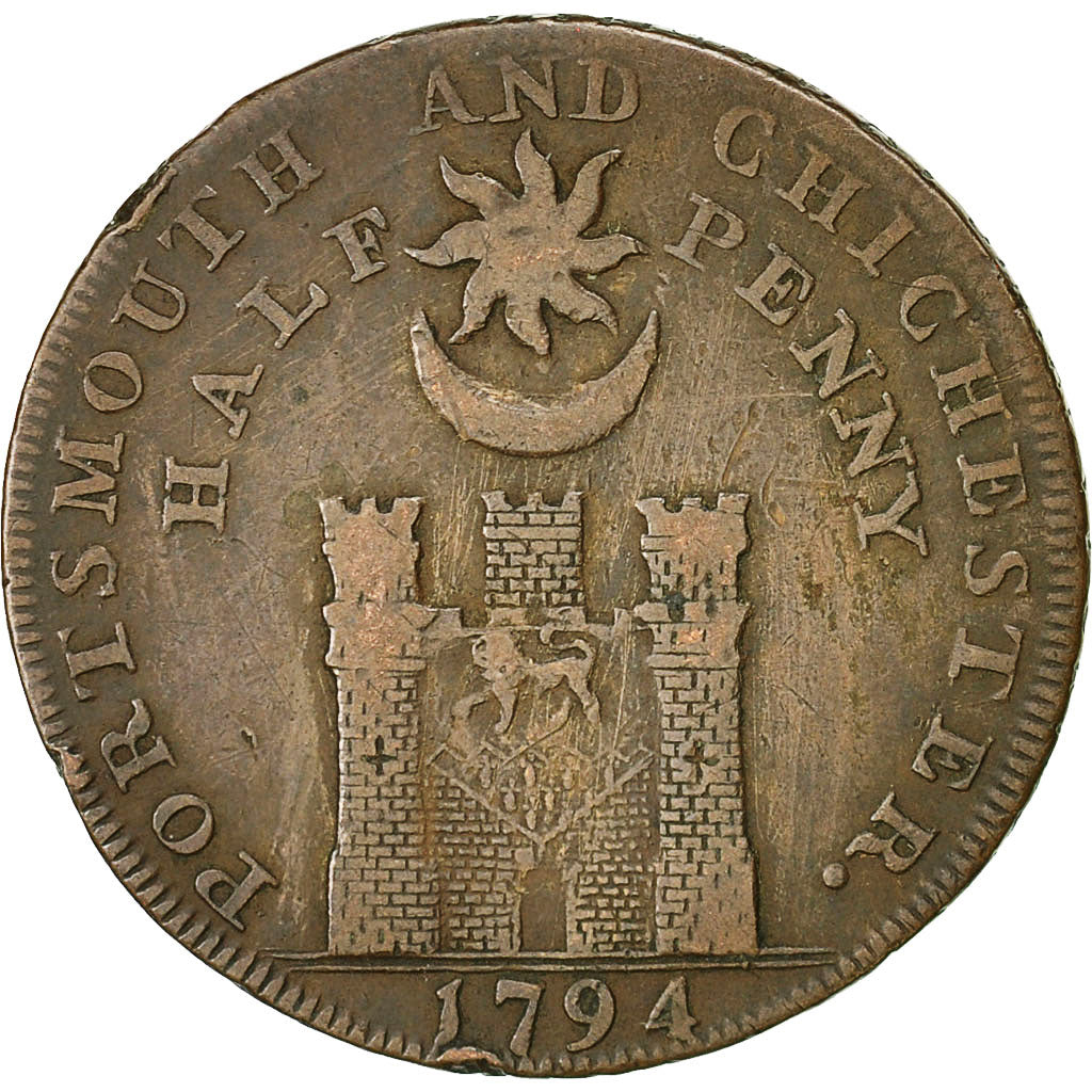 Moneda, Gran Bretaña, Hampshire, Halfpenny Token, 1794, Portsmouth, BC+, Cobre