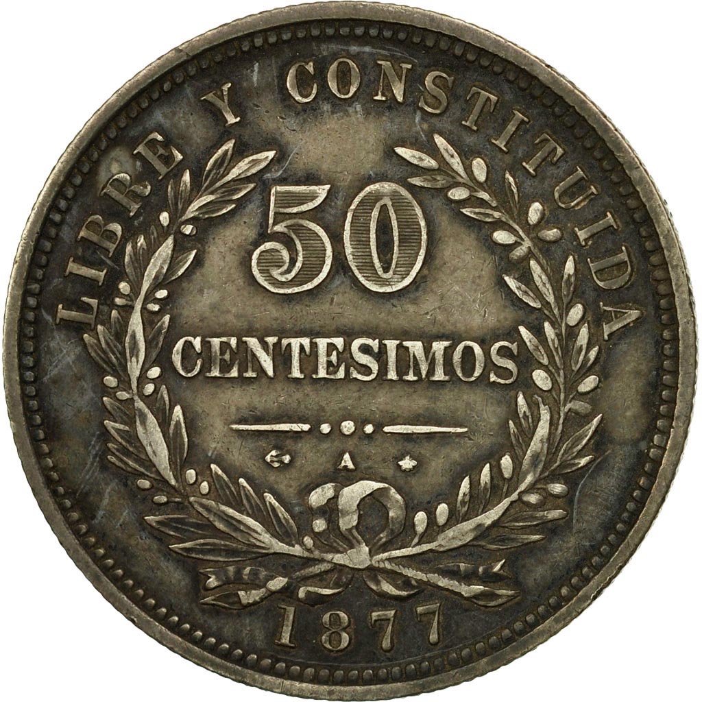 Moneda, Uruguay, 50 Centesimos, 1877, Paris, MBC+, Plata, KM:16