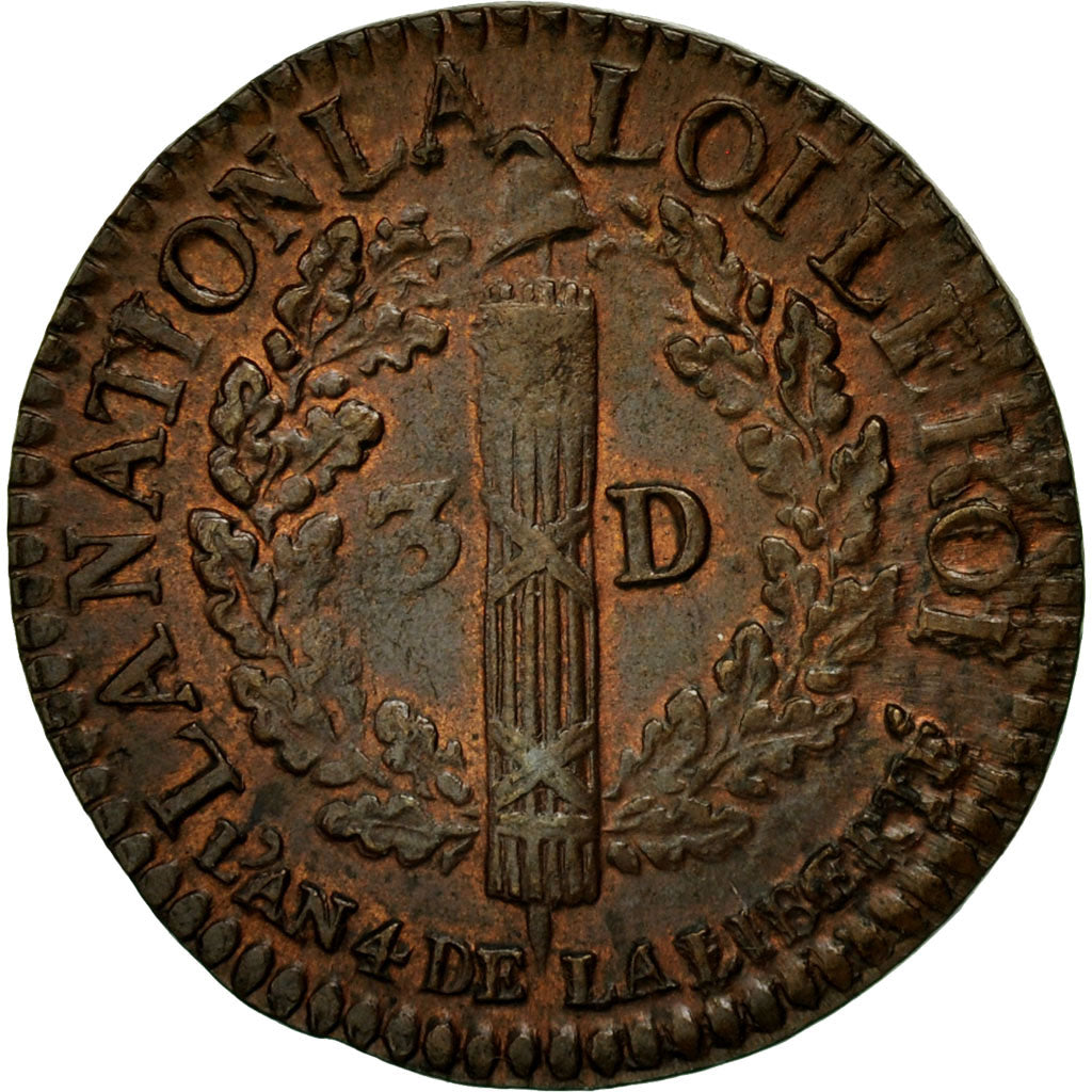 Coin, France, Louis XVI, 3 Deniers, 1792, Lyon, AU(55-58), Bronze, Gadoury:5