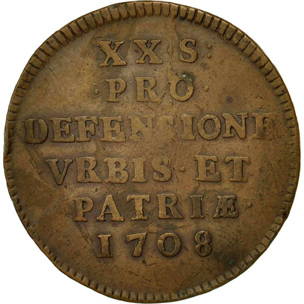 Moneda, Francia, Flanders, 20 Sols, 1708, Lille, MBC, Cobre, Boudeau:2313