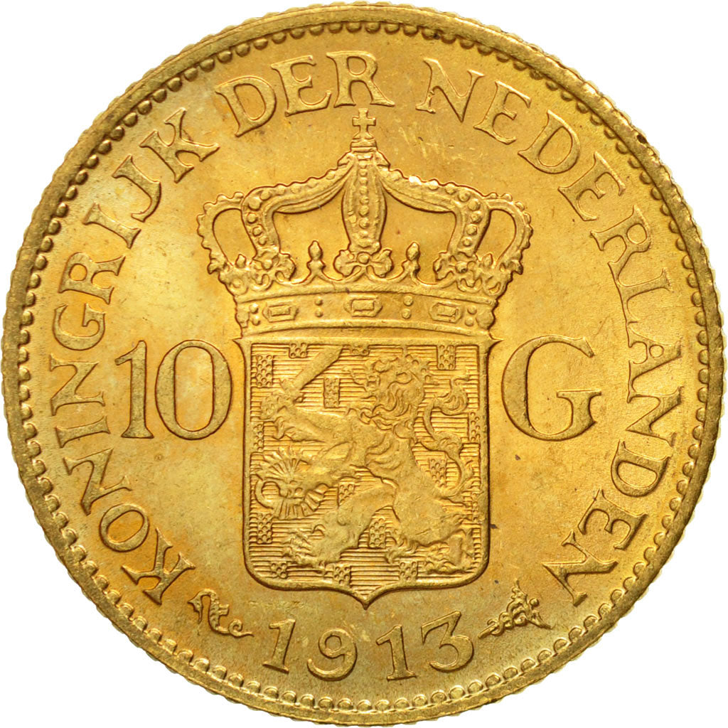Coin, Netherlands, Wilhelmina I, 10 Gulden, 1913, MS(64), Gold, KM:149
