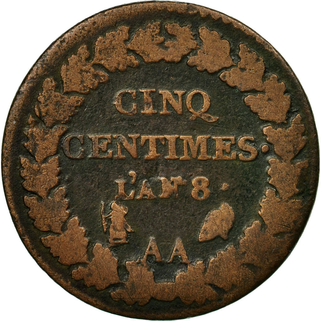 Moneta, Francia, Dupré, 5 Centimes, AN 8, Metz, B+, Bronzo, KM:640.2