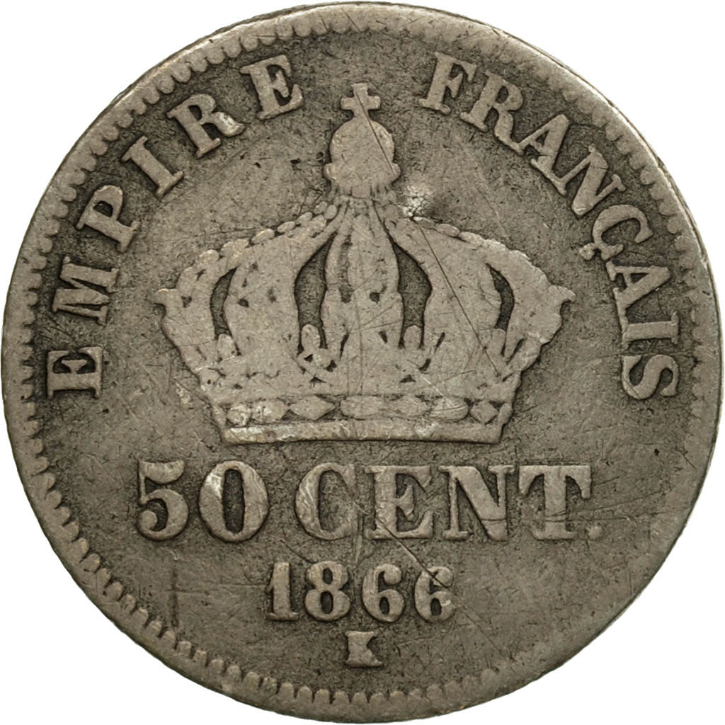 Moneda, Francia, Napoleon III, 50 Centimes, 1866, Bordeaux, Satirique, BC+