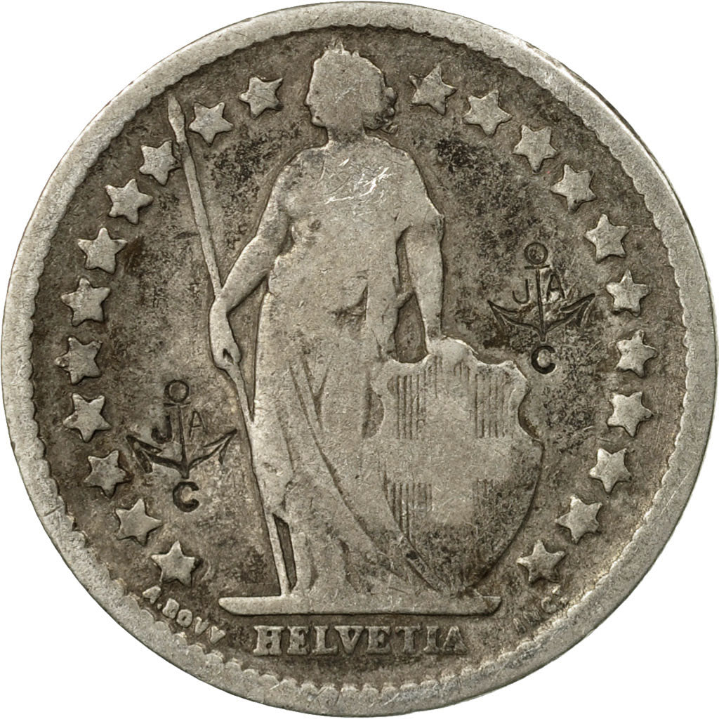 Münze, Schweiz, 1/2 Franc, 1881, Bern, Countermark, S, Silber, KM:23