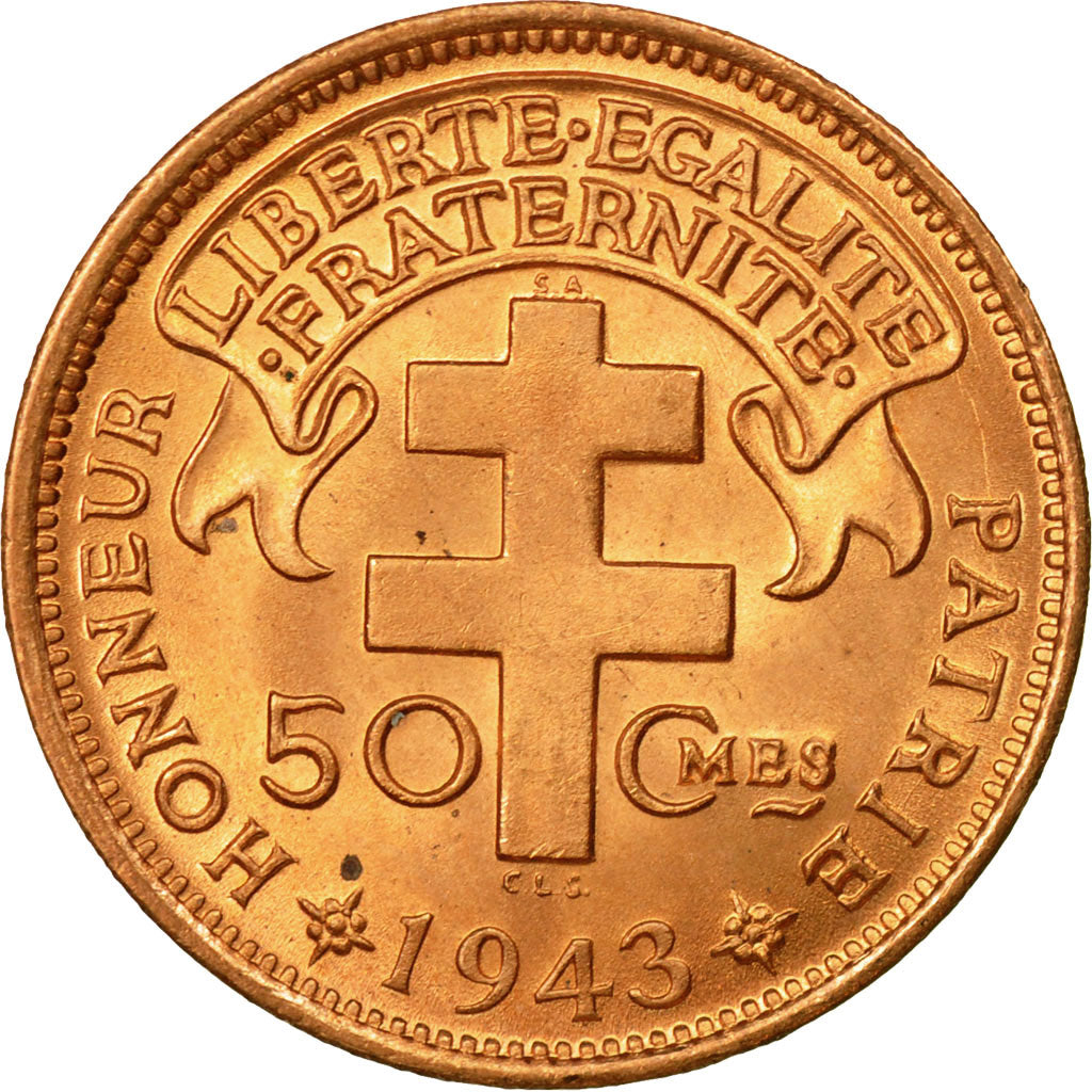 Coin, Cameroon, 50 Centimes, 1943, Pretoria, MS(65-70), Bronze, KM:6