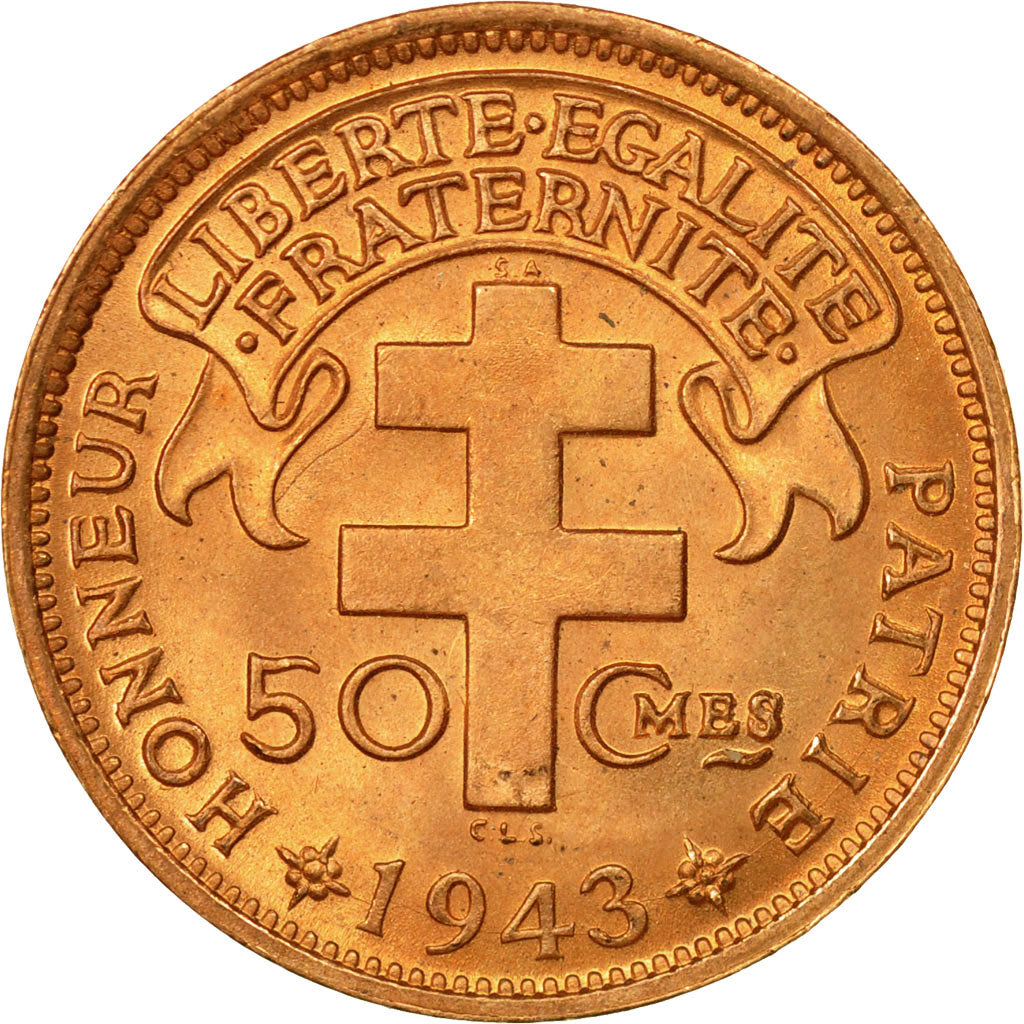 Coin, Cameroon, 50 Centimes, 1943, Pretoria, MS(65-70), Bronze, KM:6