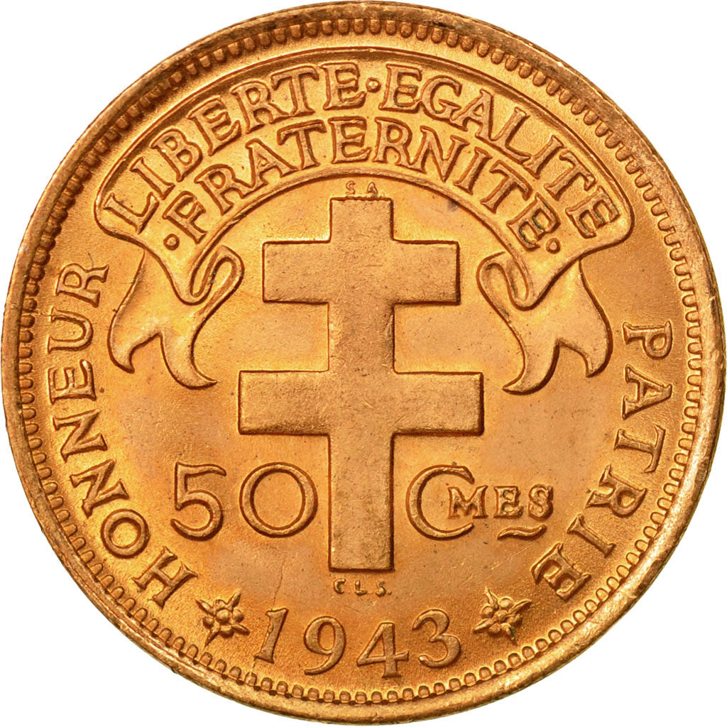 Coin, Cameroon, 50 Centimes, 1943, Pretoria, MS(65-70), Bronze, KM:6