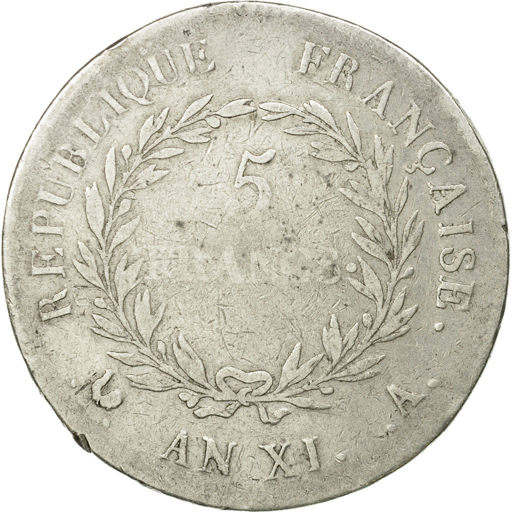 Coin, France, Napoléon I, 5 Francs, An XI, Paris, VF(20-25), Silver, KM:650.1