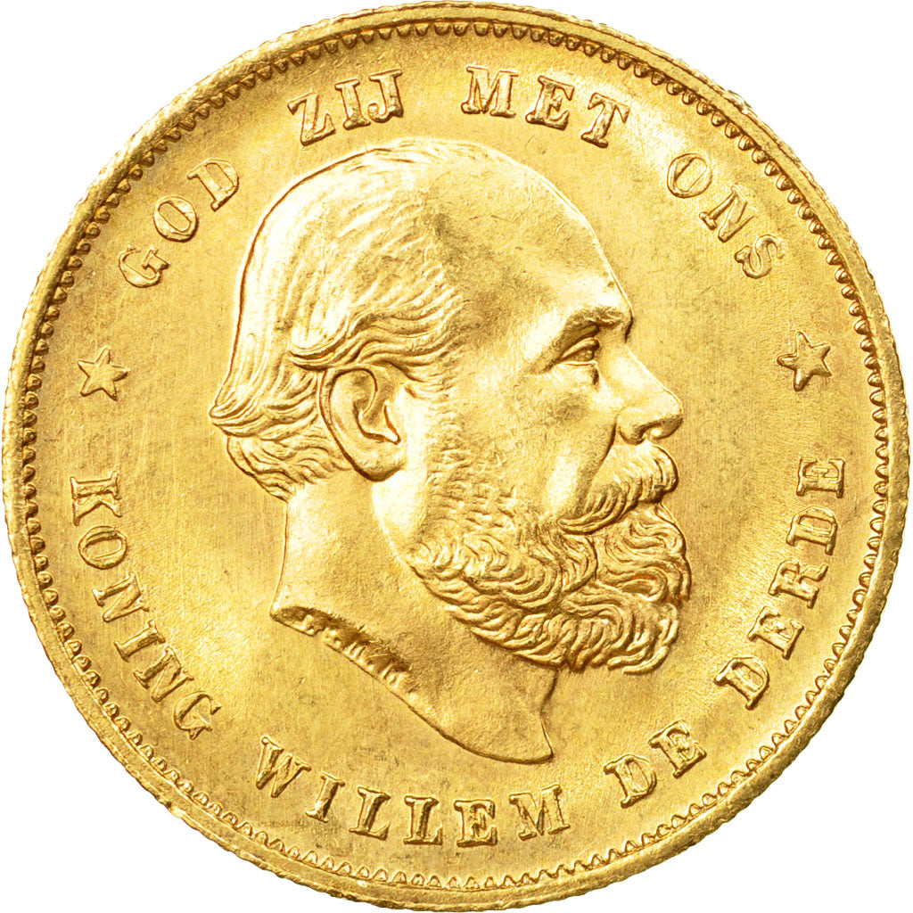 Coin, Netherlands, William III, 10 Gulden, 1879, MS(64), Gold, KM:106