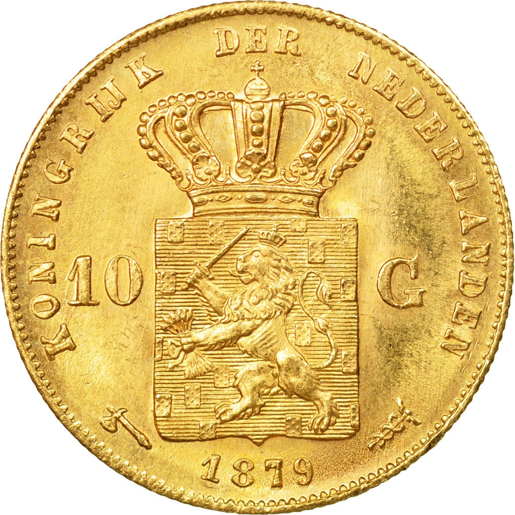 Coin, Netherlands, William III, 10 Gulden, 1879, MS(64), Gold, KM:106