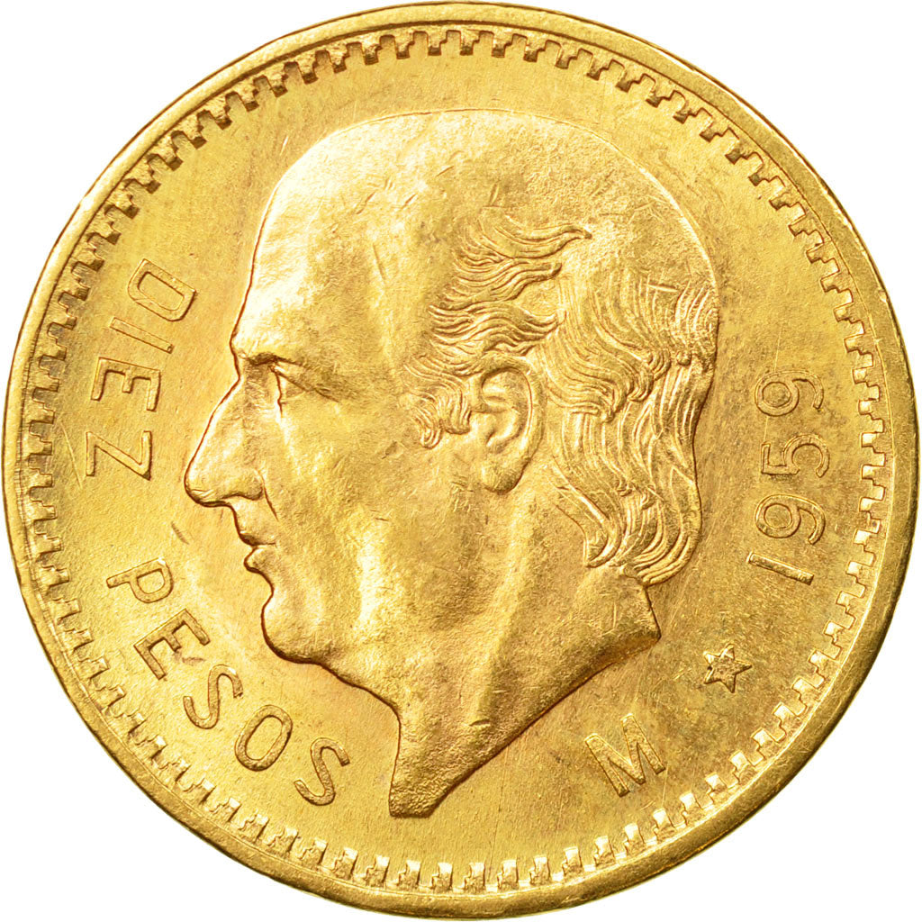 Coin, Mexico, 10 Pesos, 1959, Mexico City, MS(60-62), Gold, KM:473