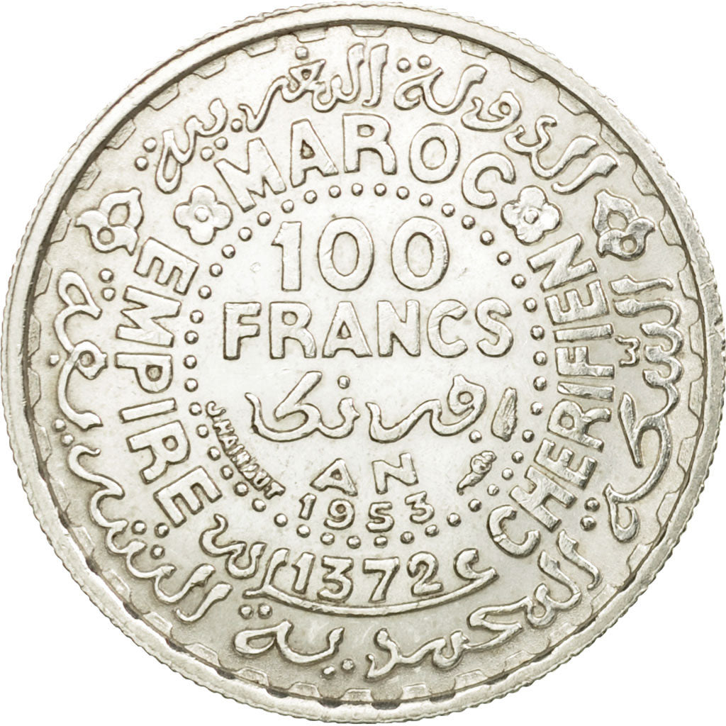Coin, Morocco, Mohammed V, 100 Francs, 1953, Paris, AU(50-53), Silver, KM:52