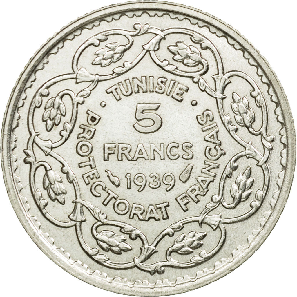 Moneta, Tunisia, Ahmad Pasha Bey, 5 Francs, 1939, Paris, SPL, Argento, KM:264