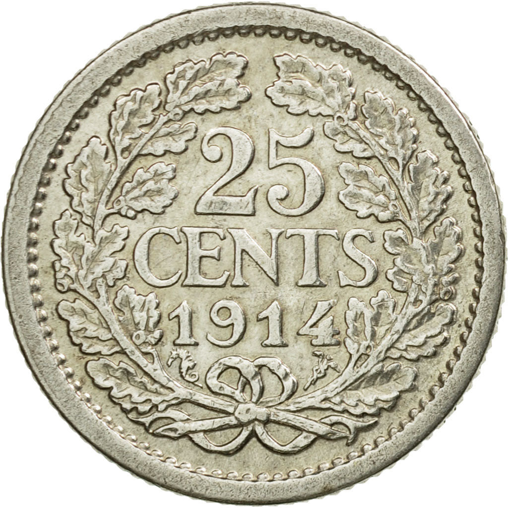 Coin, Netherlands, Wilhelmina I, 25 Cents, 1914, EF(40-45), Silver, KM:146