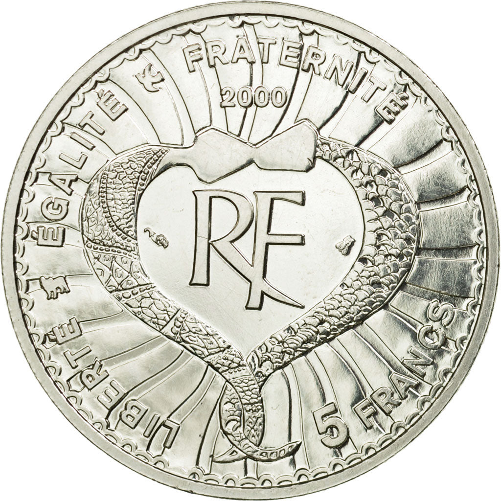 Coin, France, Yves St. Laurent, 5 Francs, 2000, Paris, MS(60-62), Silver