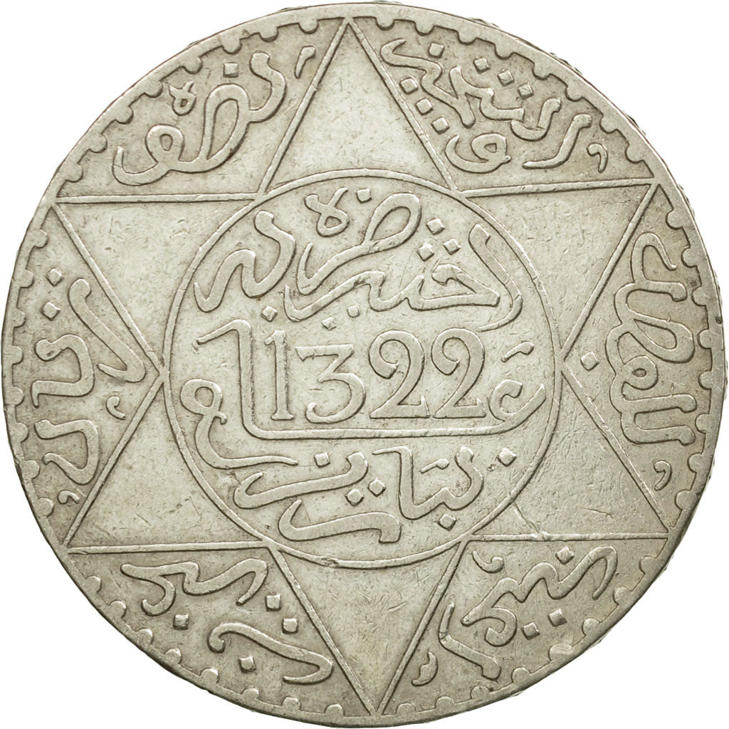 Coin, Morocco, 'Abd al-Aziz, 1/2 Rial, 5 Dirhams, 1904, EF(40-45), Silver