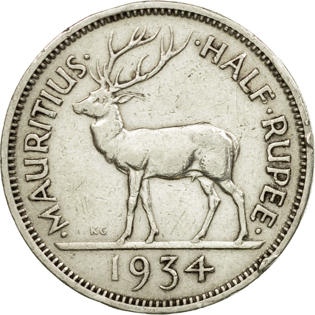 Coin, Mauritius, George V, 1/2 Rupee, 1934, EF(40-45), Silver, KM:16