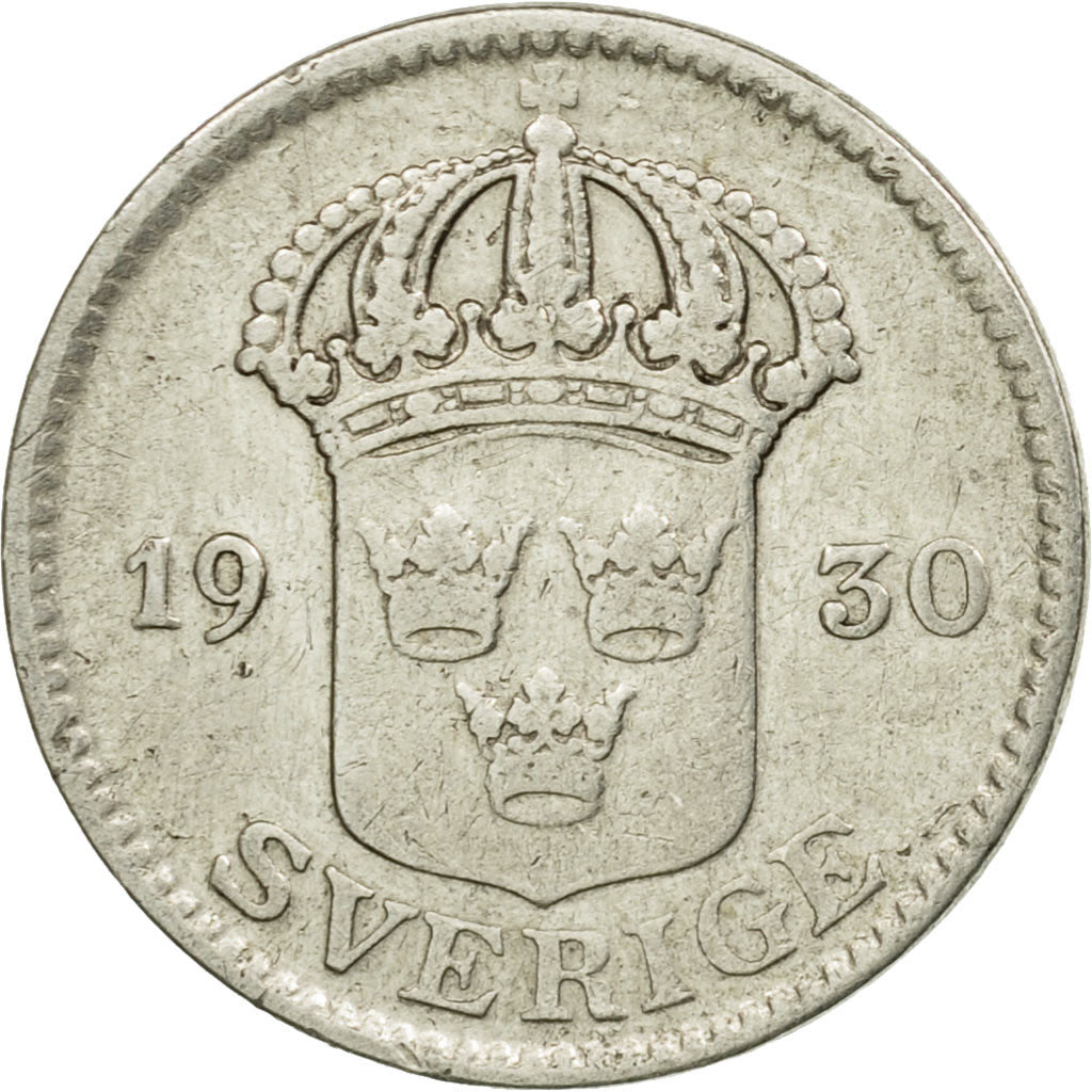Moneda, Suecia, Gustaf V, 25 Öre, 1930, BC+, Plata, KM:785