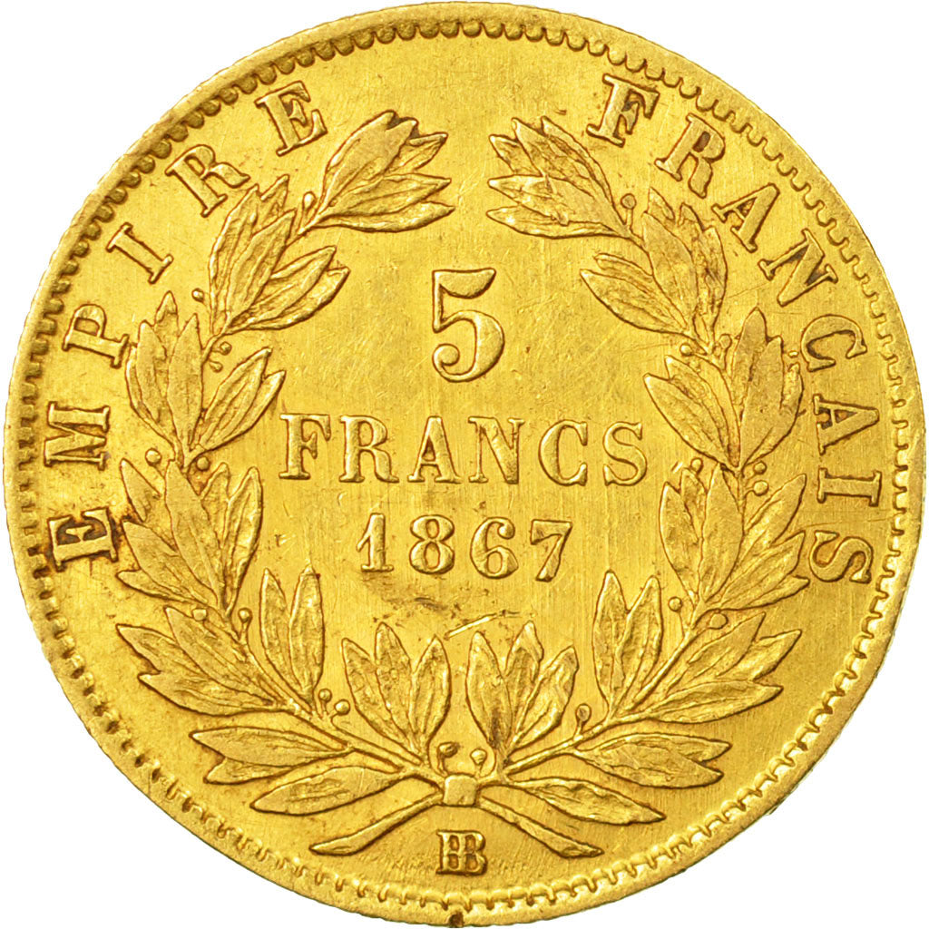 France, Napoleon III, 5 Francs, 1867, Strasbourg, EF(40-45), Gold, KM:803.2