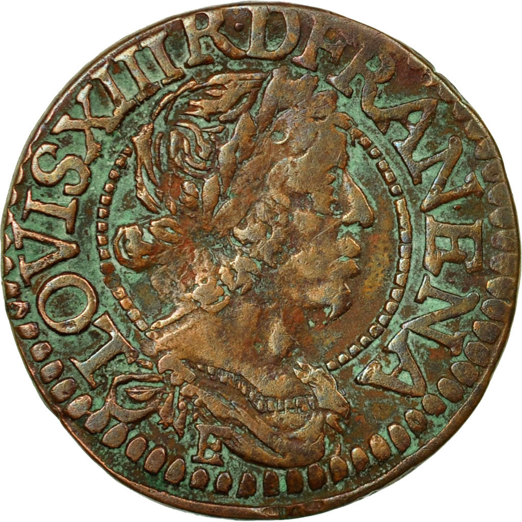 Moneta, Francia, Louis XIII, Double Tournois, 1638, Tours, MB+, Rame, CGKL:468