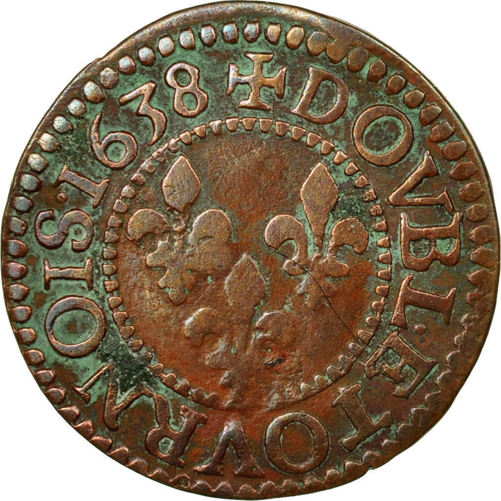 Moneta, Francia, Louis XIII, Double Tournois, 1638, Tours, MB+, Rame, CGKL:468