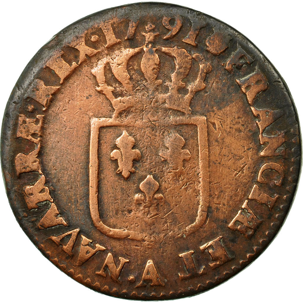 Coin, France, Louis XVI, Sol à l'Ecu, 1791, Paris, VF(20-25), Copper