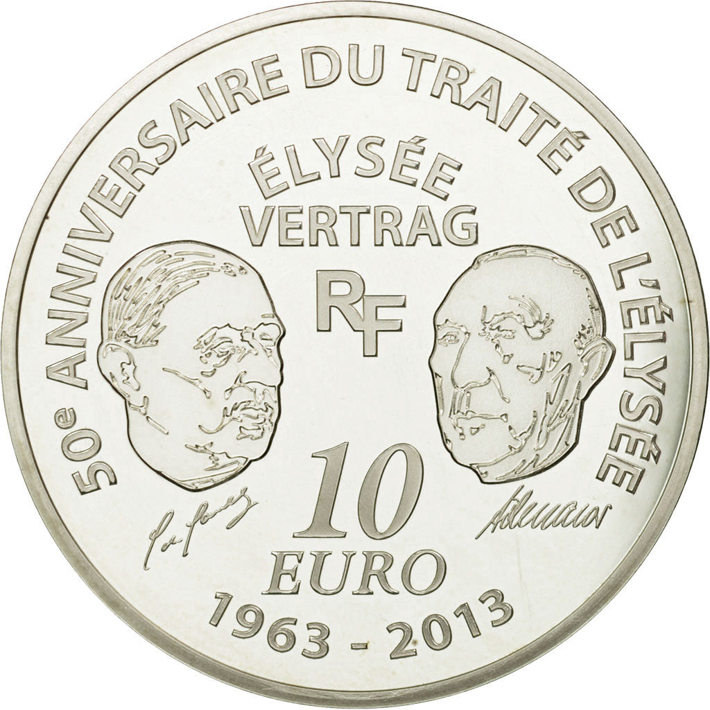 France, Monnaie de Paris, 10 Euro, Traité de l'Elysée, 2013, MS(64), Silver