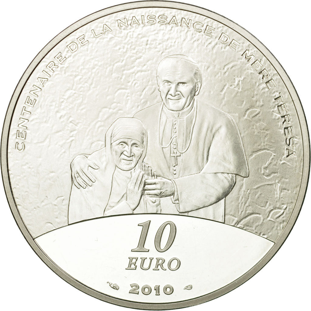 France, Mother Teresa, 10 Euro, 2010, MS(65-70), Silver, KM:1695