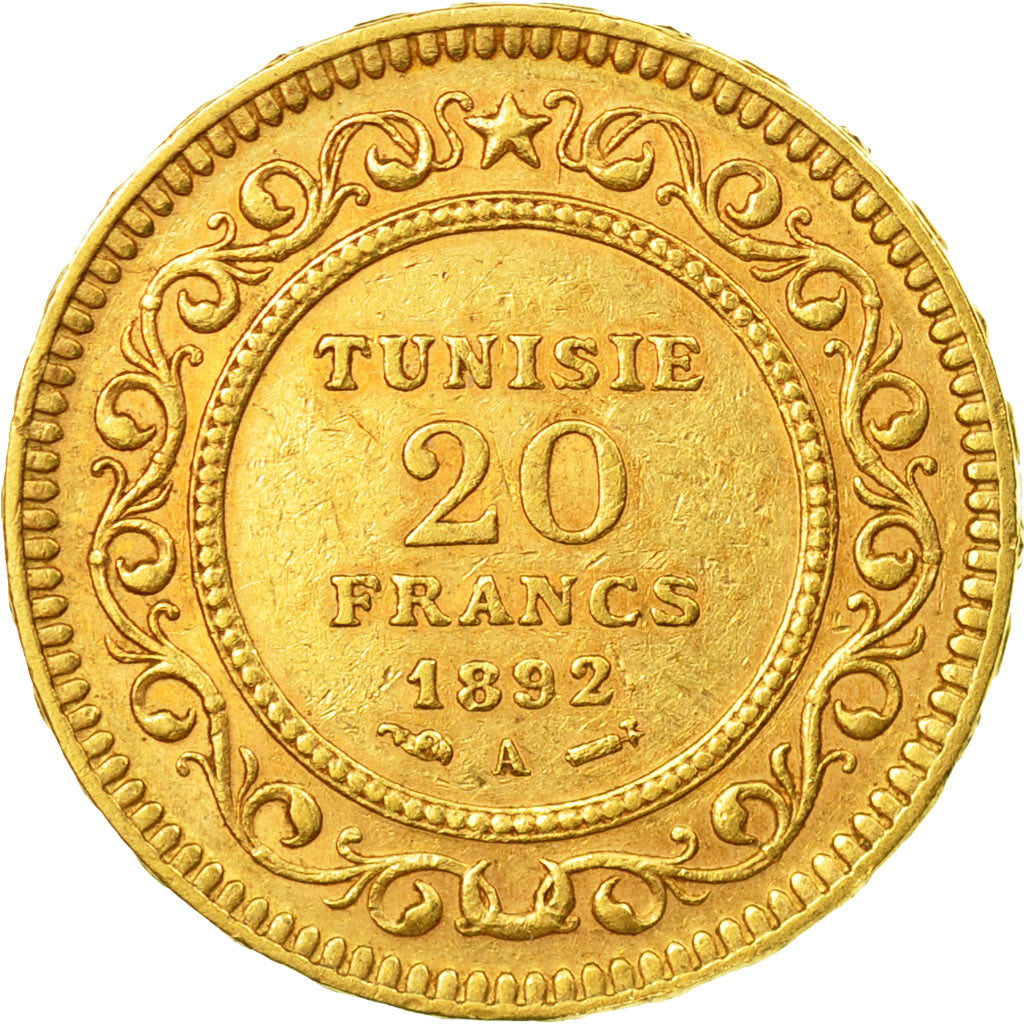 Coin, Tunisia, Ali Bey, 20 Francs, 1892, Paris, EF(40-45), Gold, KM:227