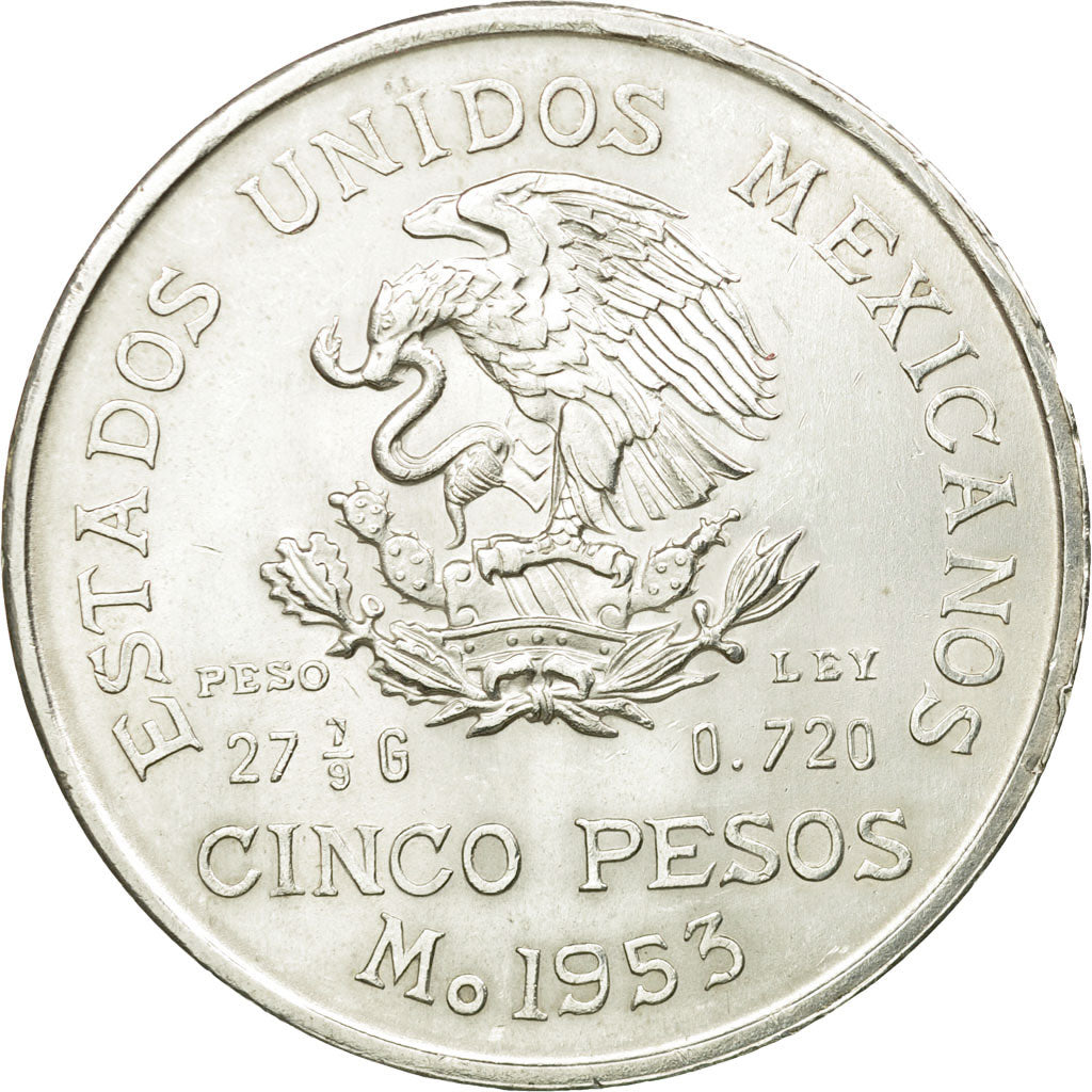 Coin, Mexico, 5 Pesos, 1953, Mexico City, MS(60-62), Silver, KM:468