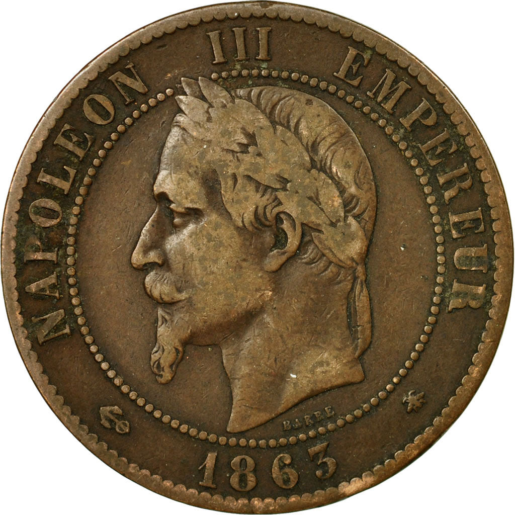 Moneda, Francia, 10 Centimes, 1863, Paris, BC+, Bronce, KM:798.1, Gadoury:253