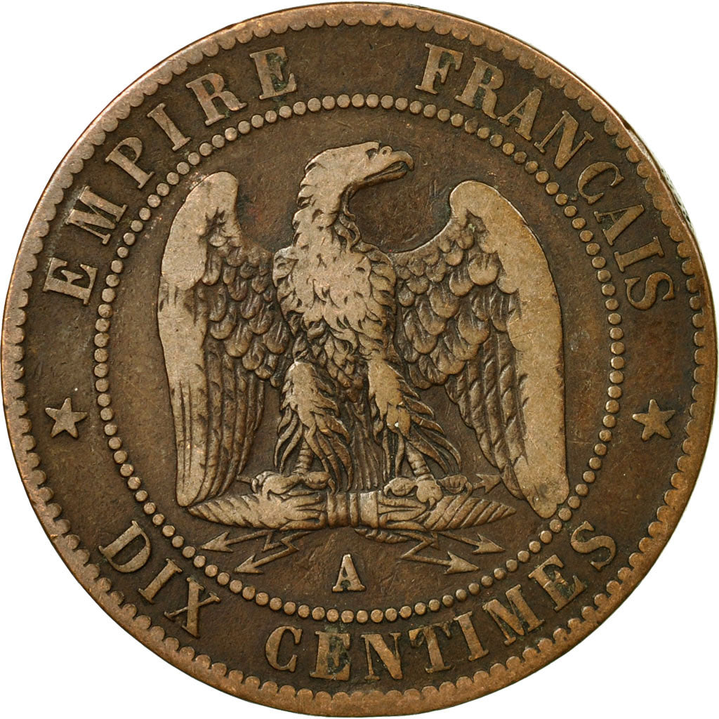 Moneda, Francia, 10 Centimes, 1863, Paris, BC+, Bronce, KM:798.1, Gadoury:253